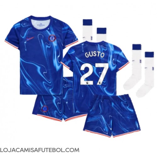 Camisa de Futebol Chelsea Malo Gusto #27 Equipamento Principal Infantil 2024-25 Manga Curta (+ Calças curtas)